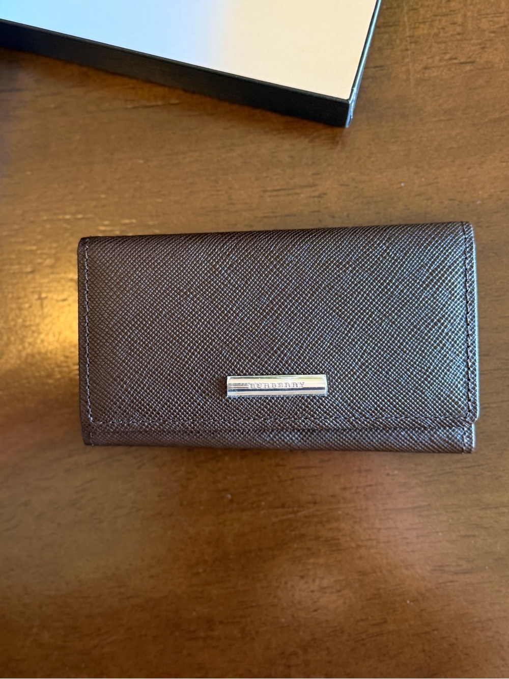 Burberry Brown Textured Leather Key & Card Holder with Silver Plaque